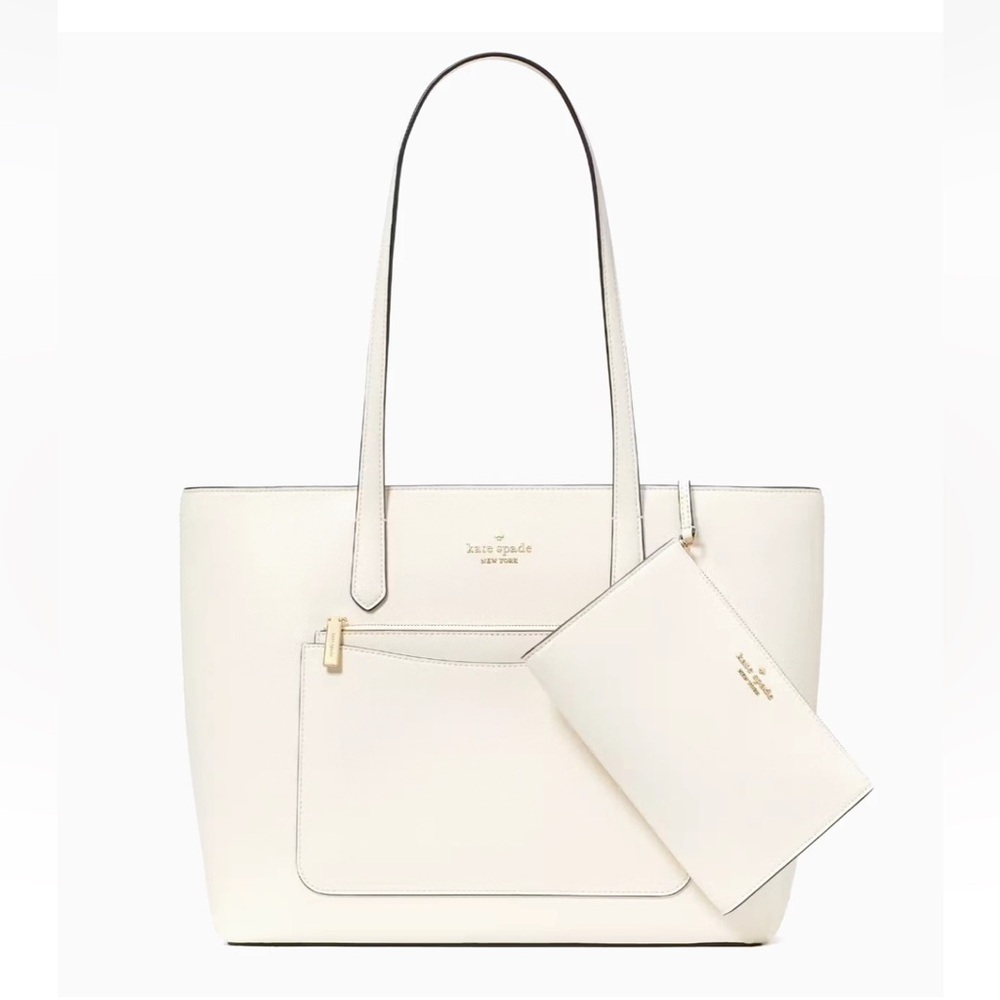 New Kate Spade Staci Tote And Wristlet 3 Piece Set Saffiano Meringue